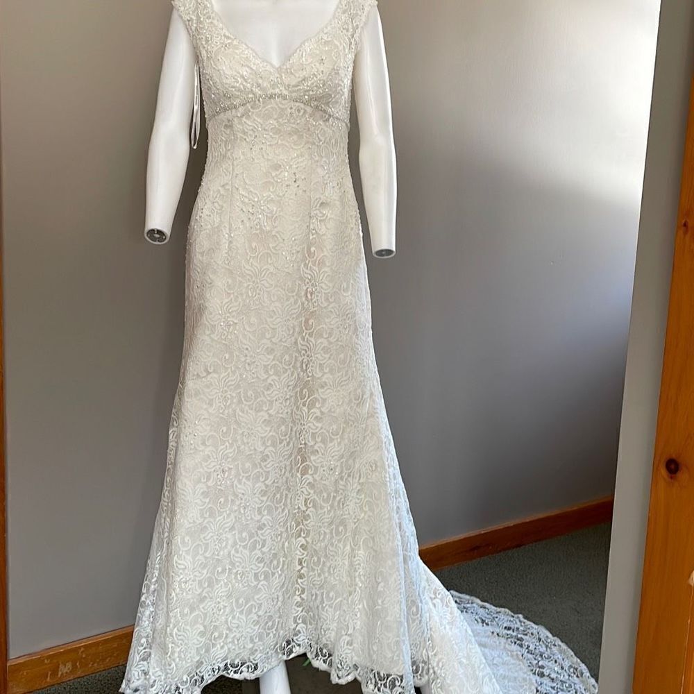 David’s Bridal All Over Beaded Lace Trumpet Wedding Dress Ivory Size 4